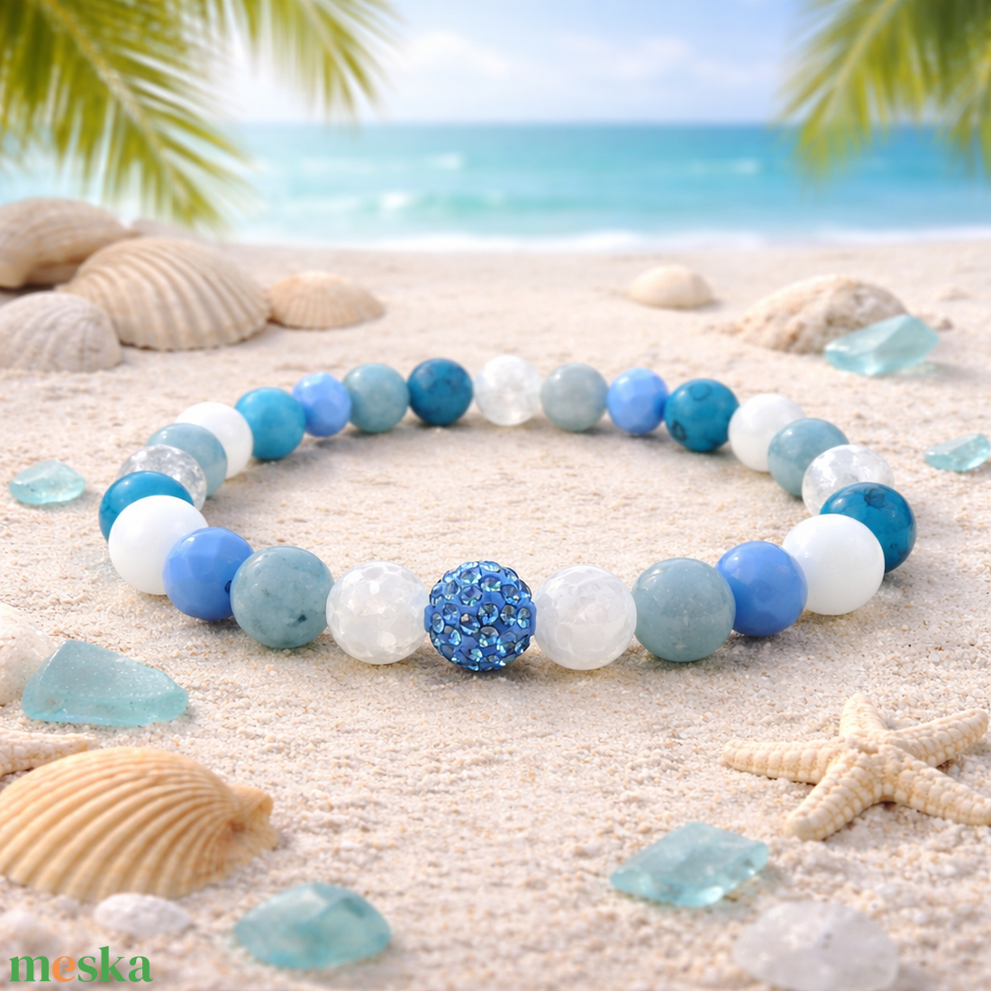 Ásvány-üveg karkötő hegyikristállyal, akvamarinnal és türkizzel � 17 cm - ékszer - karkötő - ásványkarkötő - Meska.hu