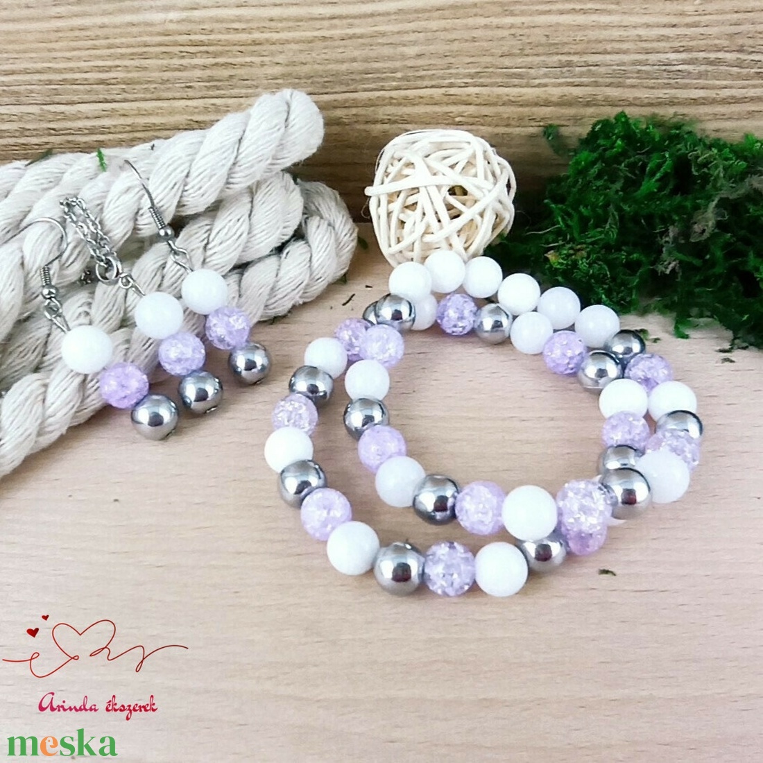 Gondoskodás lila hegyikristály hematit jade ásvány nyaklánc fülbevaló orvosi fém nemesacél szerelékkel - ékszer - ékszerszett - Meska.hu