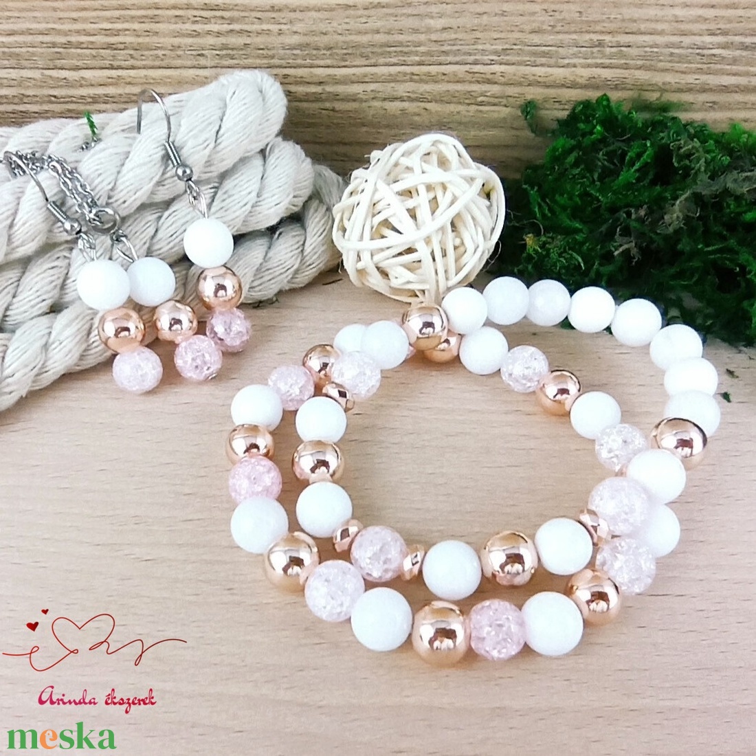 Napsütötte ragyogás fehér hegyikristály rosegold hematit jade ásvány karkötő - ékszer - karkötő - ásványkarkötő - Meska.hu