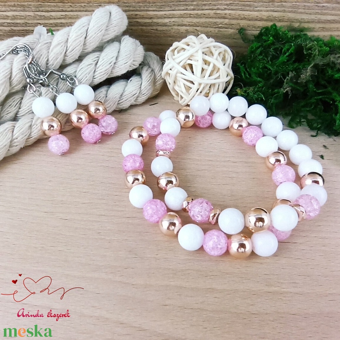 Napsütötte ragyogás fehér hegyikristály rosegold hematit jade ásvány nyaklánc fülbevaló orvosi fém nemesacél szerelékkel - ékszer - ékszerszett - Meska.hu