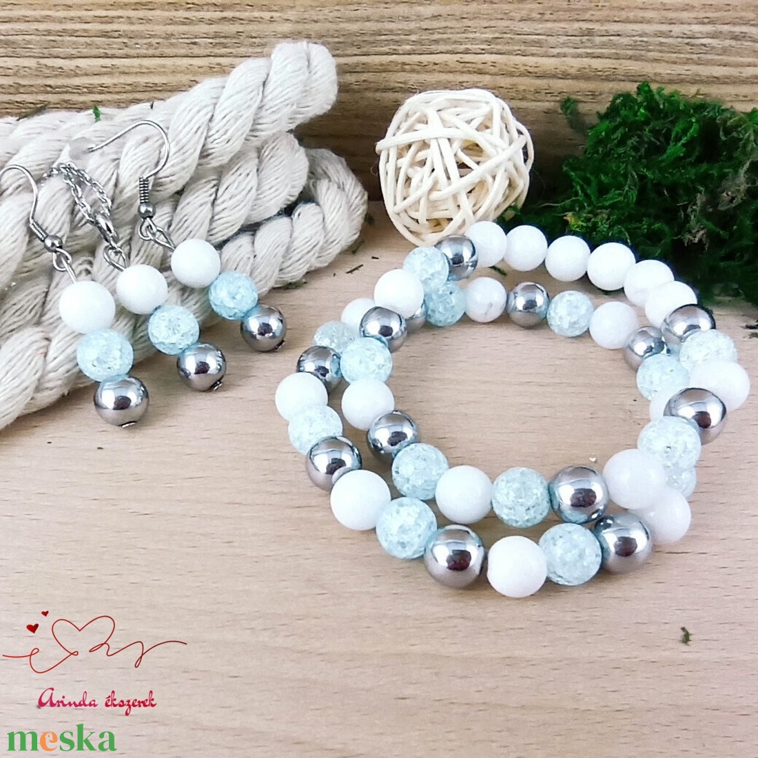 Gondoskodás halványkék hegyikristály hematit jade ásvány nyaklánc fülbevaló orvosi fém nemesacél szerelékkel - ékszer - ékszerszett - Meska.hu