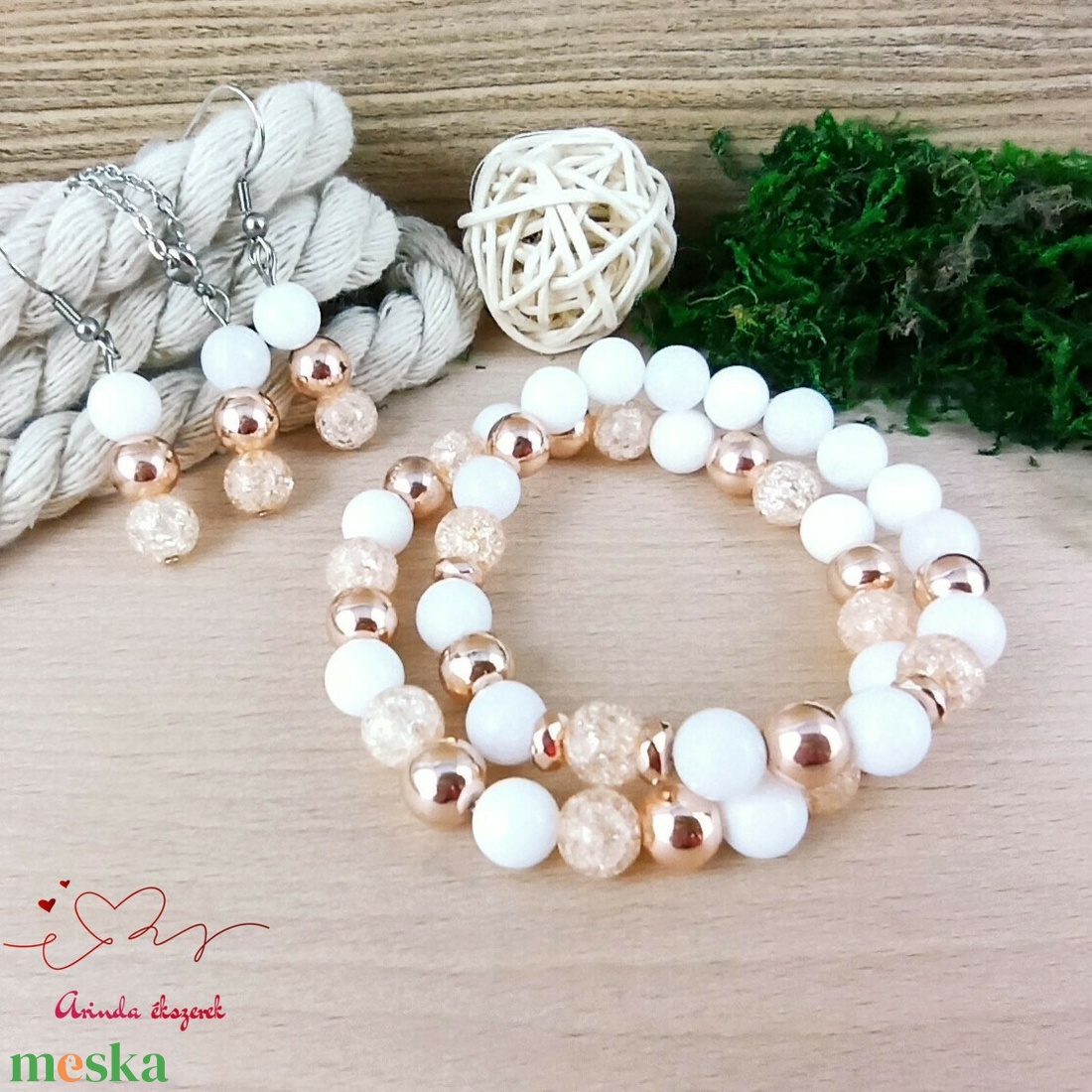 Napsütötte ragyogás bézs hegyikristály rosegold hematit jade ásvány nyaklánc fülbevaló orvosi fém szerelékkel egyedi  - ékszer - ékszerszett - Meska.hu