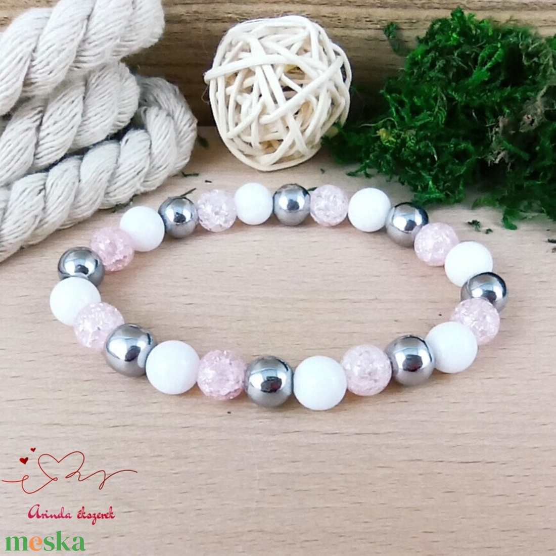 Gondoskodás rózsaszín hegyikristály hematit jade ásvány nyaklánc fülbevaló orvosi fém nemesacél szerelékkel - ékszer - ékszerszett - Meska.hu