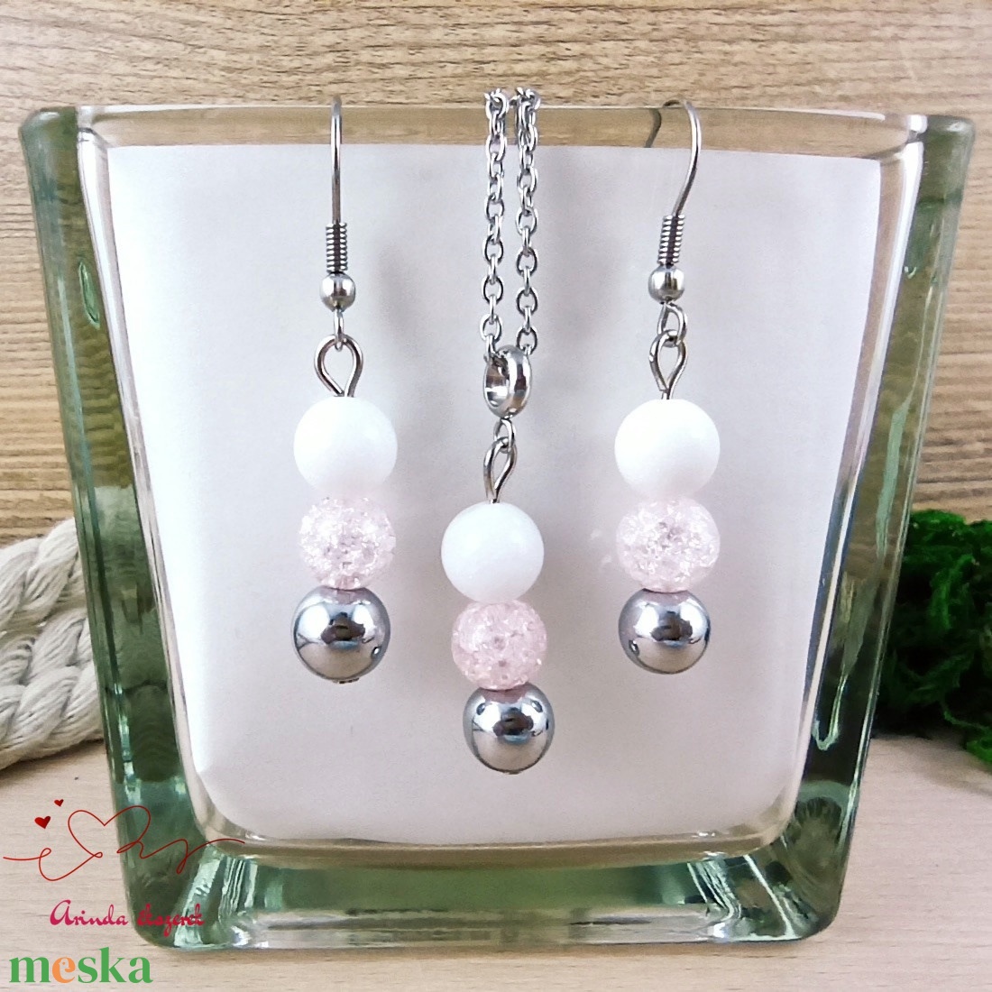 Gondoskodás rózsaszín hegyikristály hematit jade ásvány nyaklánc fülbevaló orvosi fém nemesacél szerelékkel - ékszer - ékszerszett - Meska.hu