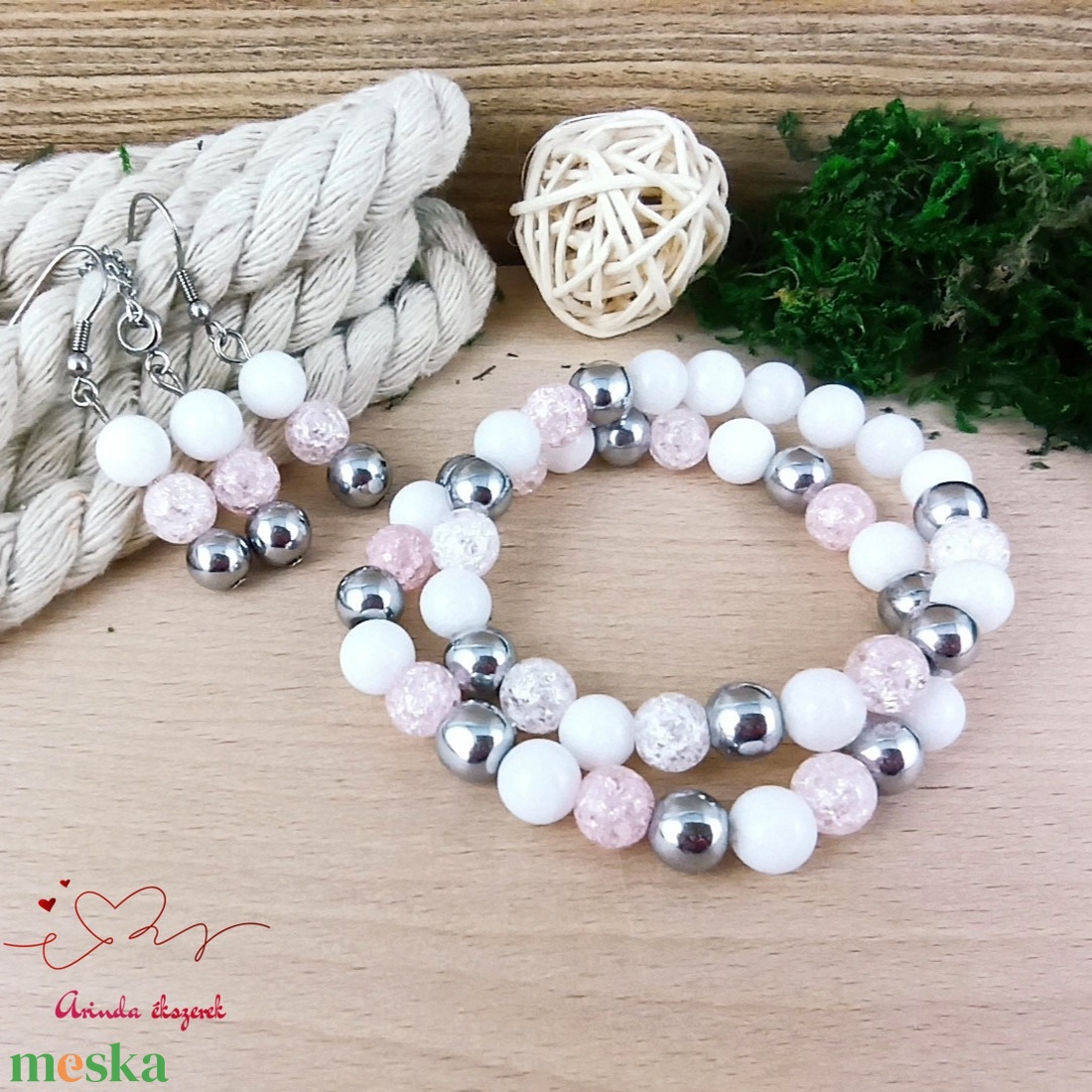 Gondoskodás rózsaszín hegyikristály hematit jade ásvány nyaklánc fülbevaló orvosi fém nemesacél szerelékkel - ékszer - ékszerszett - Meska.hu