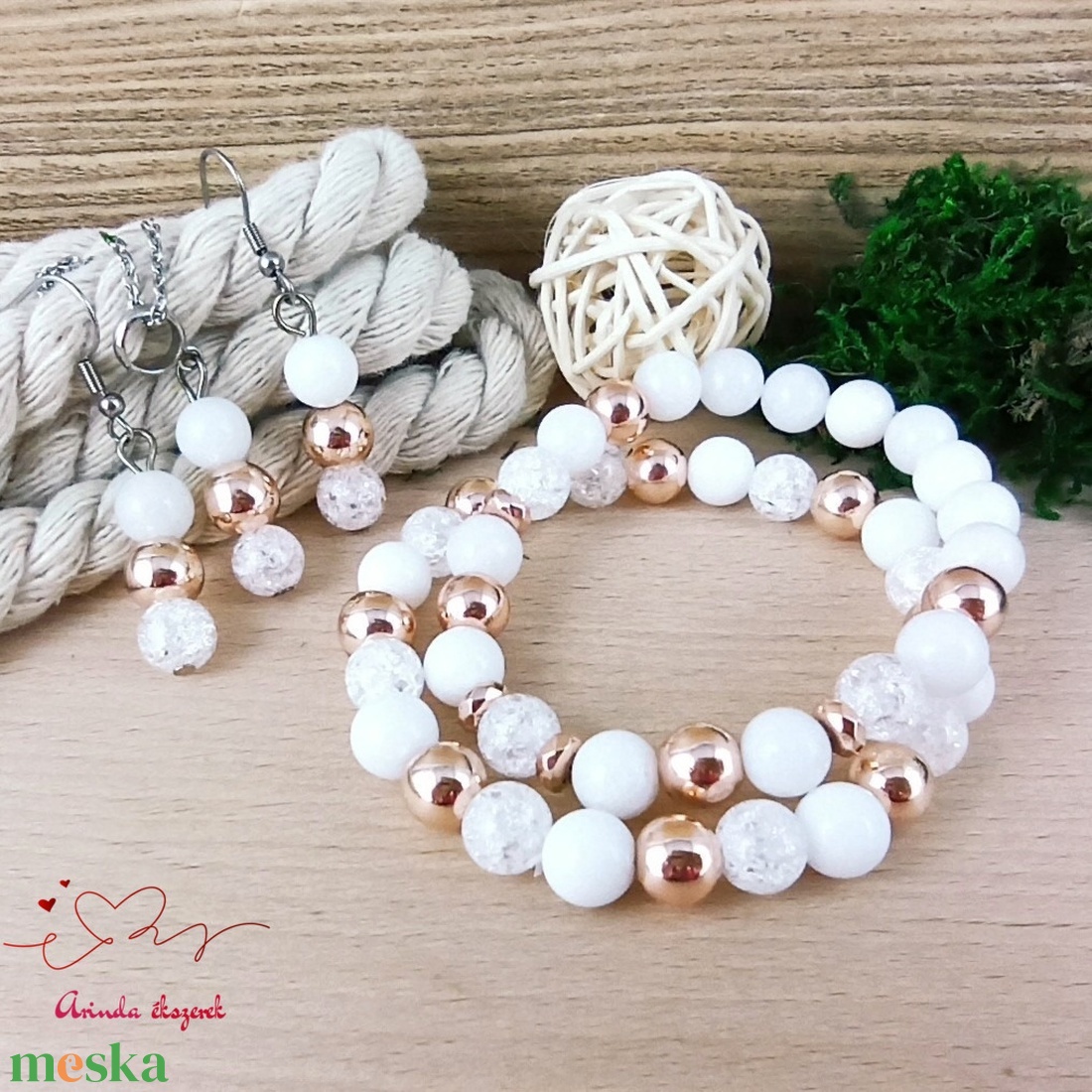 Napsütötte ragyogás fehér hegyikristály rosegold hematit jade ásvány karkötő - ékszer - karkötő - ásványkarkötő - Meska.hu
