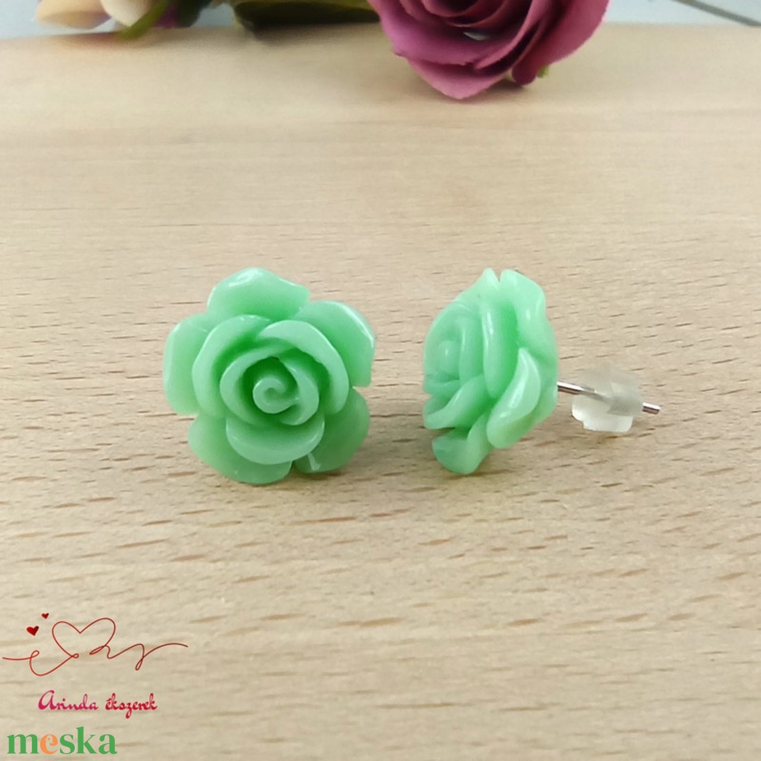 14 mm menta rózsa bedugós fülbevaló � nemesacél alapú romantikus virág ékszer, ajándék nőknek - ékszer - fülbevaló - pötty fülbevaló - Meska.hu