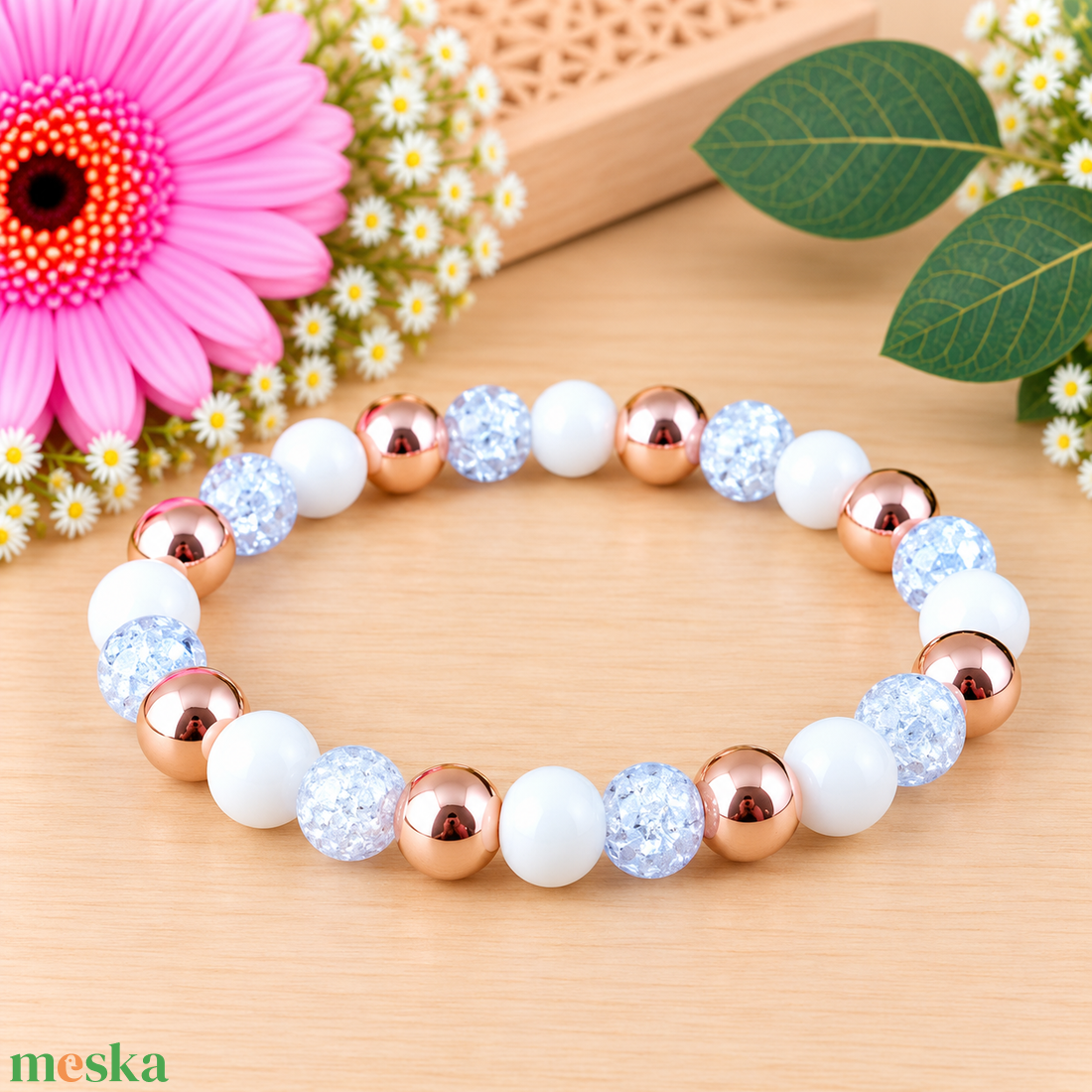 Napsütötte ragyogás farmerkék hegyikristály rosegold hematit jade ásvány karkötő - ékszer - karkötő - ásványkarkötő - Meska.hu
