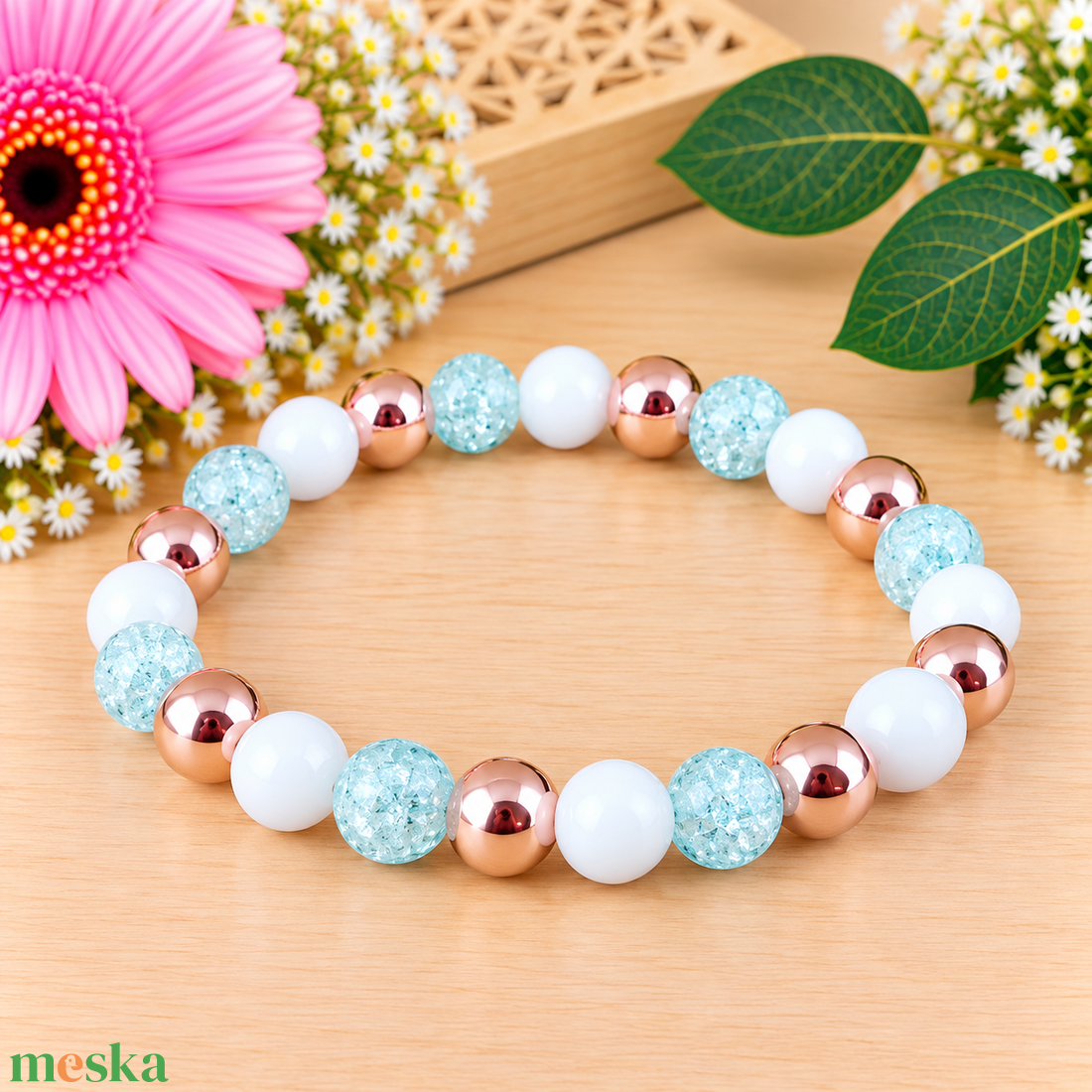 Napsütötte ragyogás kék hegyikristály rosegold hematit jade ásvány karkötő - ékszer - karkötő - ásványkarkötő - Meska.hu