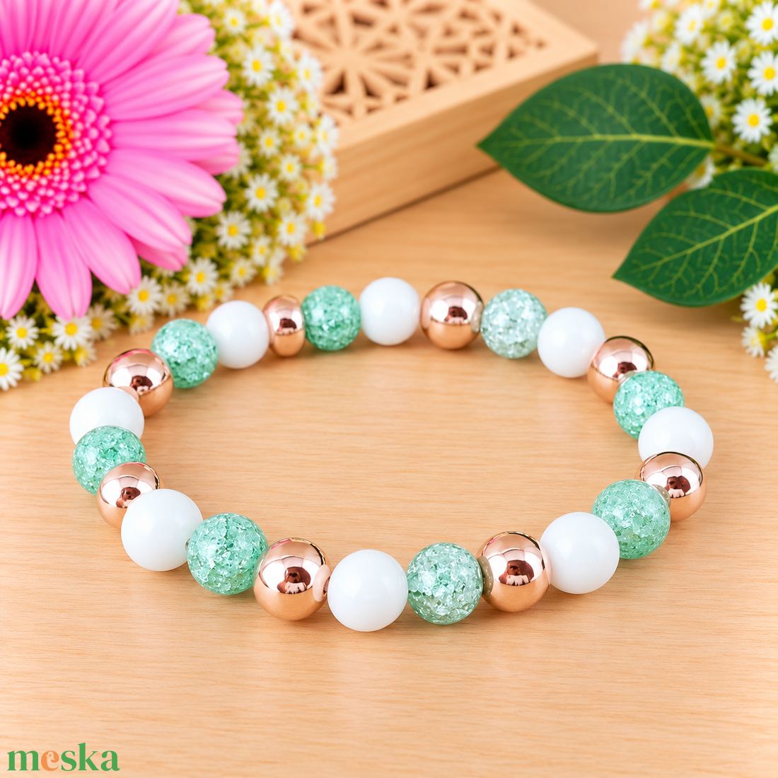 Napsütötte ragyogás menta hegyikristály rosegold hematit jade ásvány karkötő - ékszer - karkötő - ásványkarkötő - Meska.hu