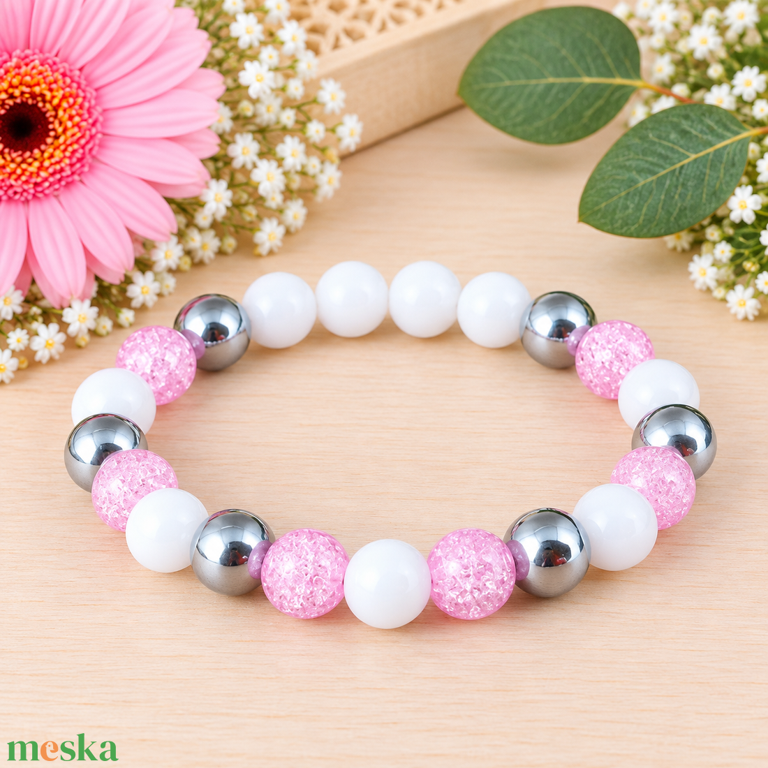 Gondoskodás pink  hegyikristály hematit jade ásvány karkötő - ékszer - karkötő - ásványkarkötő - Meska.hu