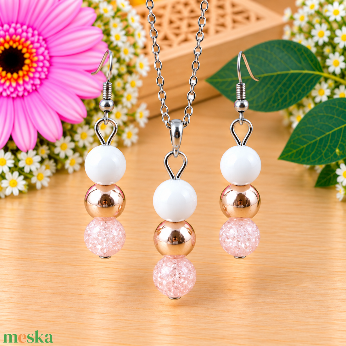 Napsütötte ragyogás rózsaszín hegyikristály rosegold hematit jade ásvány nyaklánc fülbevaló orvosi fém szerelékkel - ékszer - ékszerszett - Meska.hu