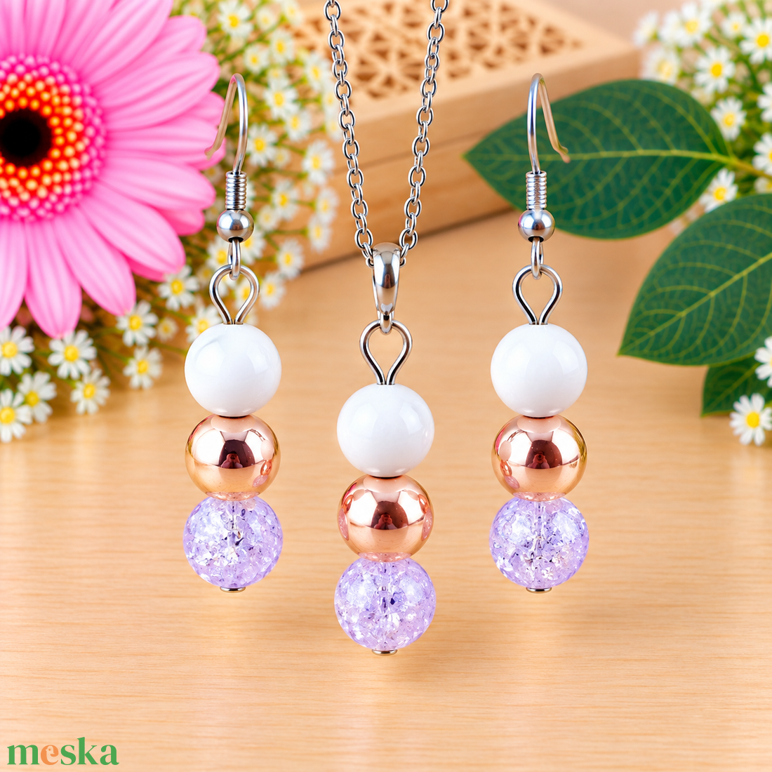Napsütötte ragyogás lila hegyikristály rosegold hematit jade ásvány nyaklánc fülbevaló orvosi fém nemesacél szerelékkel - ékszer - ékszerszett - Meska.hu