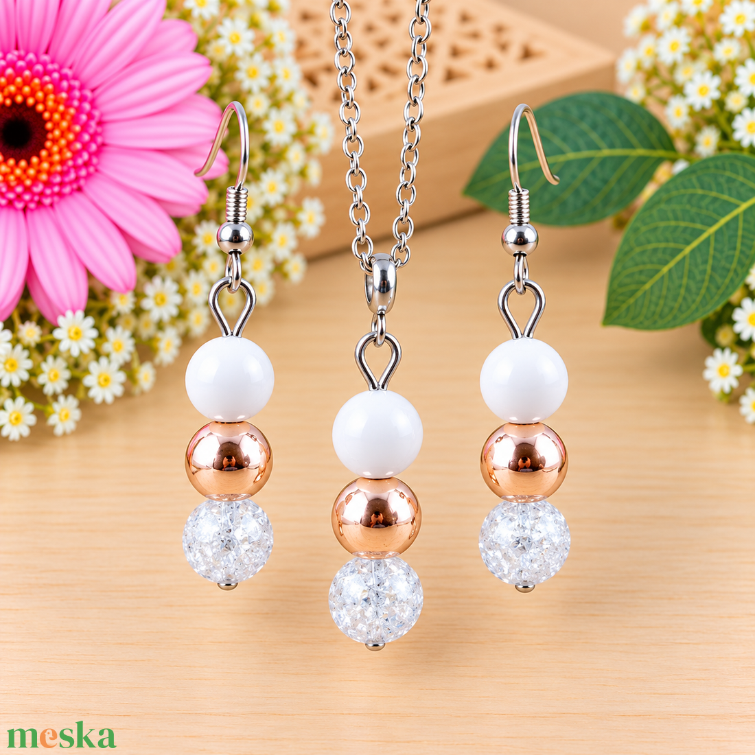 Napsütötte ragyogás farmerkék hegyikristály rosegold hematit jade ásvány nyaklánc fülbevaló orvosi fém nemesacél - ékszer - ékszerszett - Meska.hu