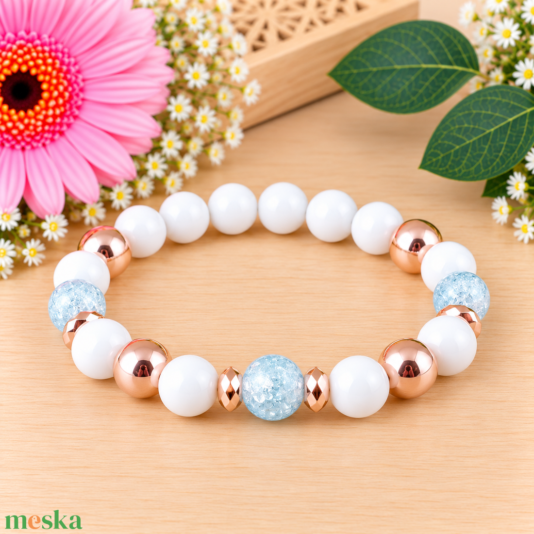 Napsütötte ragyogás kék hegyikristály rosegold hematit jade ásvány karkötő - ékszer - karkötő - ásványkarkötő - Meska.hu