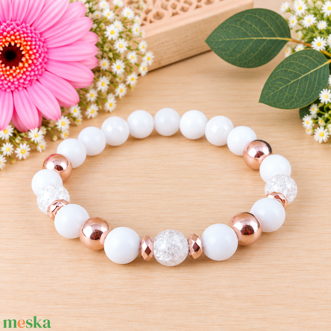 Napsütötte ragyogás fehér hegyikristály rosegold hematit jade ásvány karkötő - ékszer - karkötő - ásványkarkötő - Meska.hu