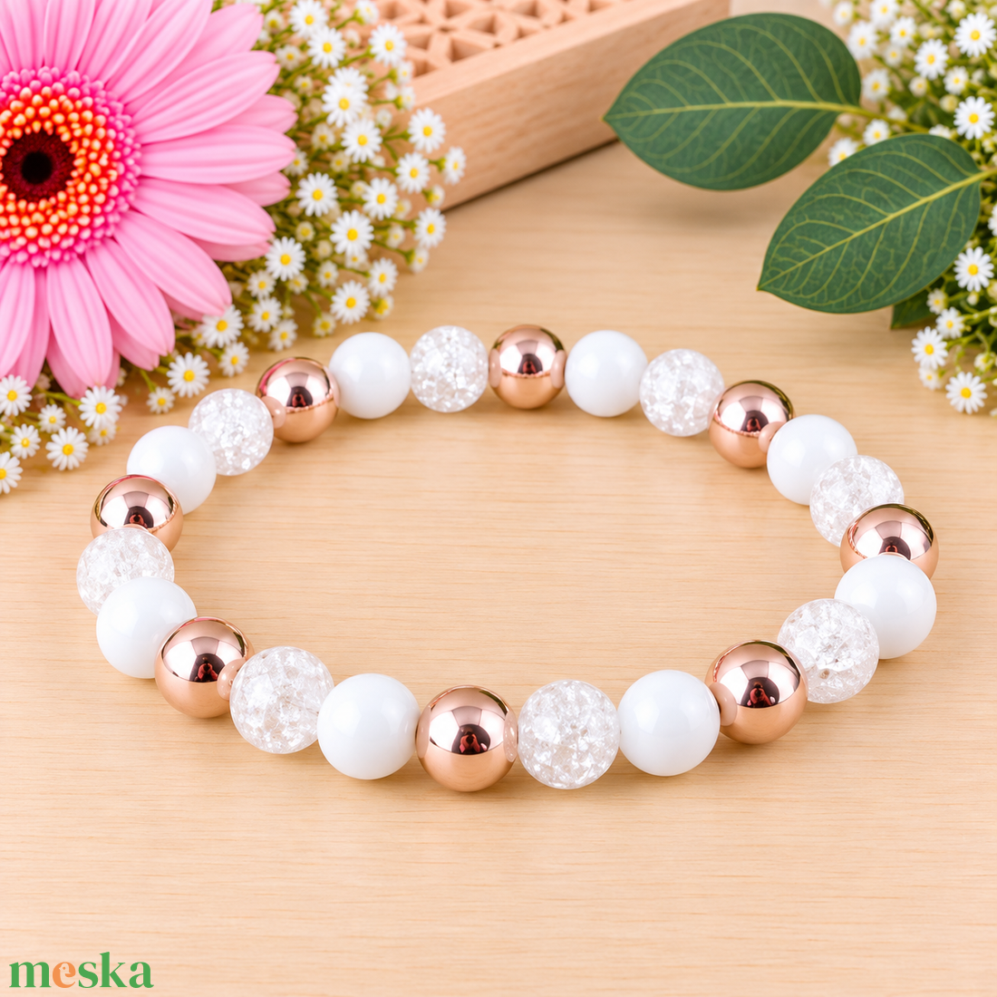 Napsütötte ragyogás fehér hegyikristály rosegold hematit jade ásvány karkötő - ékszer - karkötő - ásványkarkötő - Meska.hu
