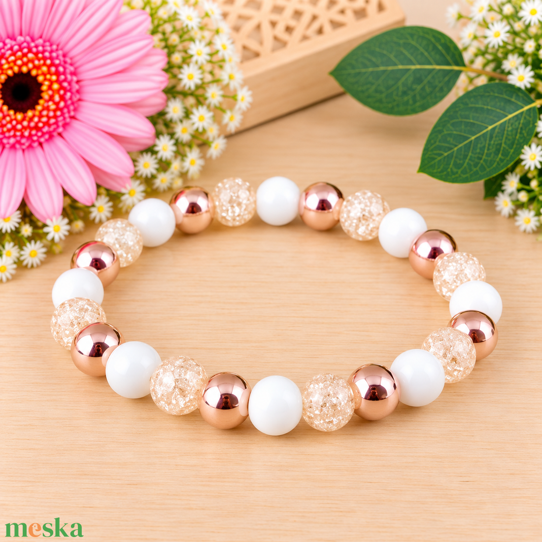 Napsütötte ragyogás bézs hegyikristály rosegold hematit jade ásvány karkötő - ékszer - karkötő - ásványkarkötő - Meska.hu