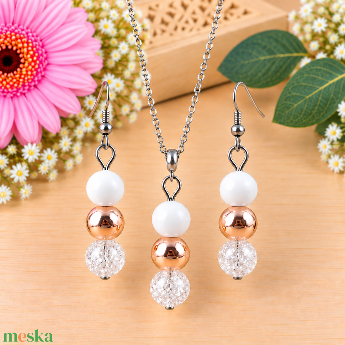 Napsütötte ragyogás fehér hegyikristály rosegold hematit jade ásvány nyaklánc fülbevaló orvosi fém nemesacél szerelékkel - ékszer - ékszerszett - Meska.hu