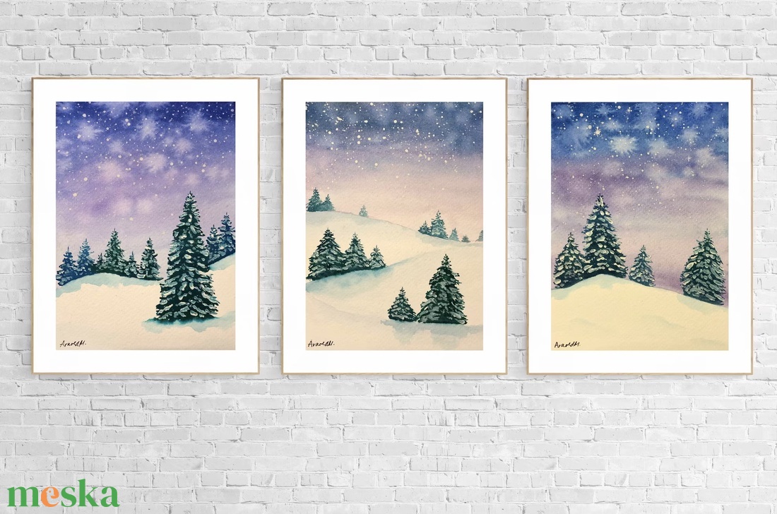 Téli tájképek - 3 darabos - művészet - festmény - akvarell - Meska.hu