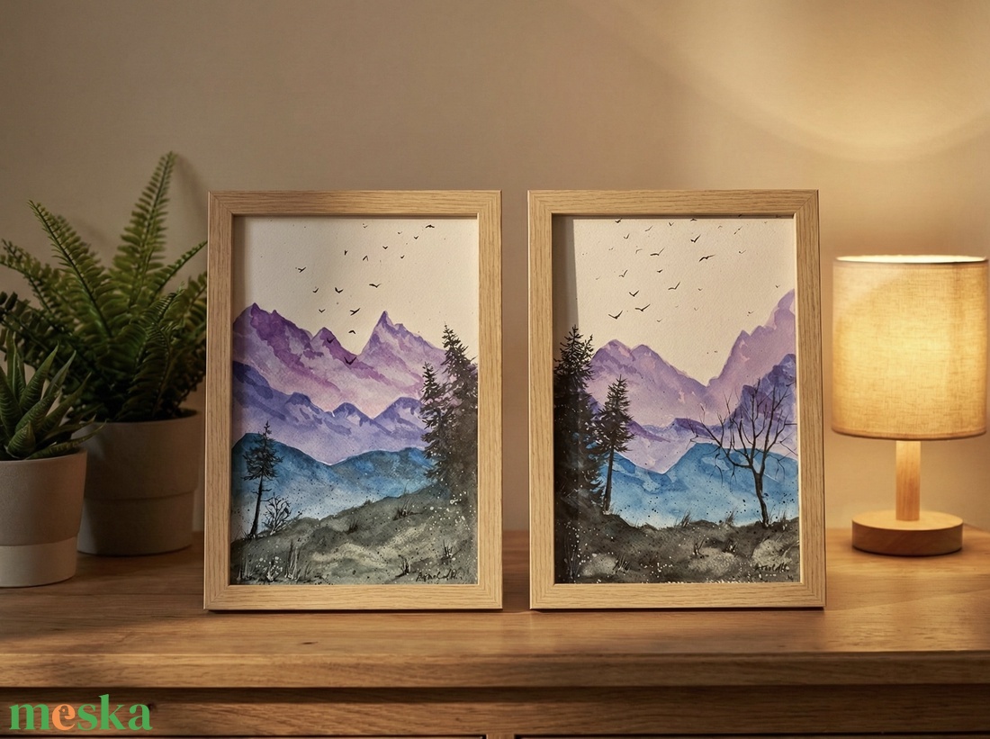 Eredeti akvarell - Lila-kék hegyek, tájkép fenyővel, madarakkal - művészet - festmény - akvarell - Meska.hu