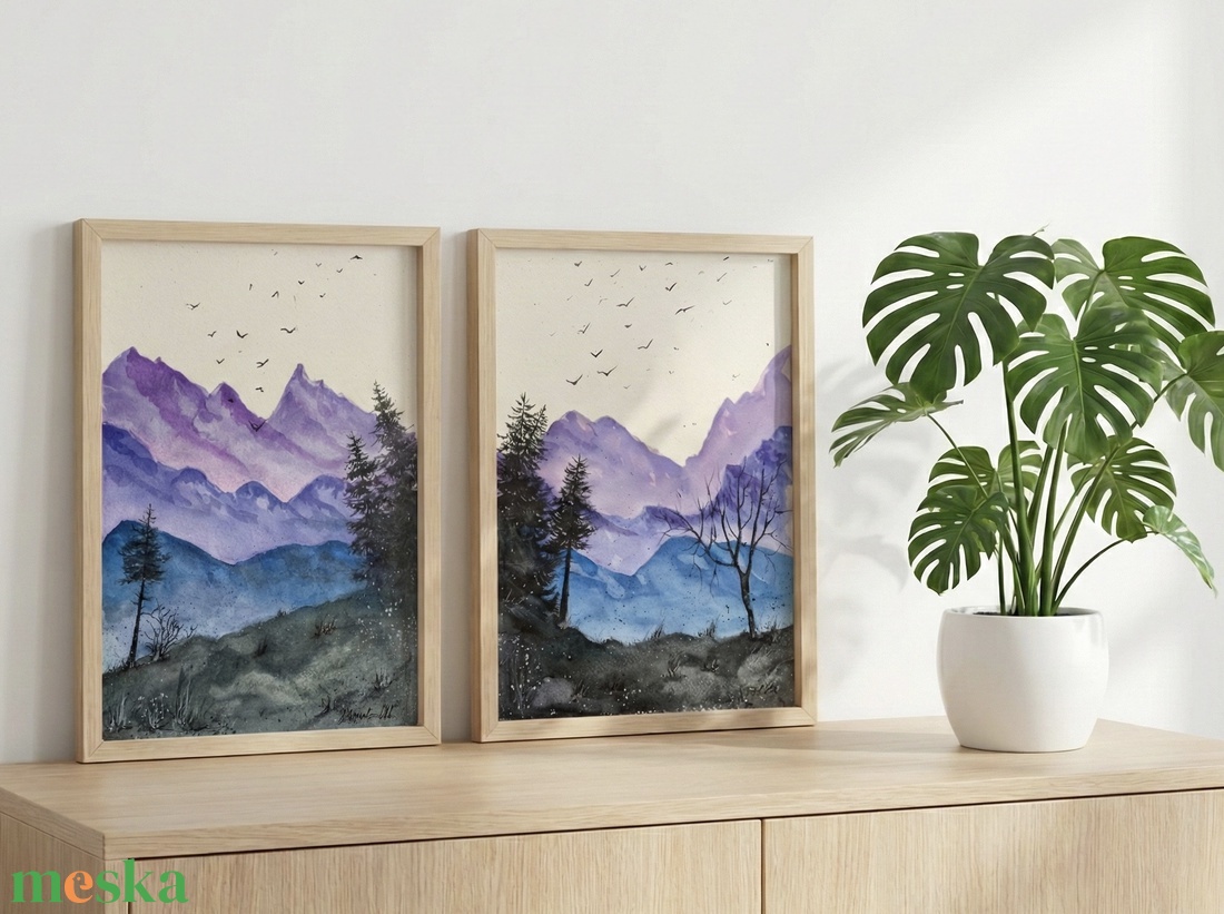 Eredeti akvarell - Lila-kék hegyek, tájkép fenyővel, madarakkal - művészet - festmény - akvarell - Meska.hu