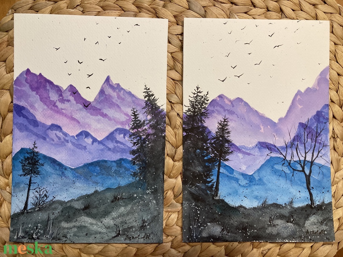 Eredeti akvarell - Lila-kék hegyek, tájkép fenyővel, madarakkal - művészet - festmény - akvarell - Meska.hu