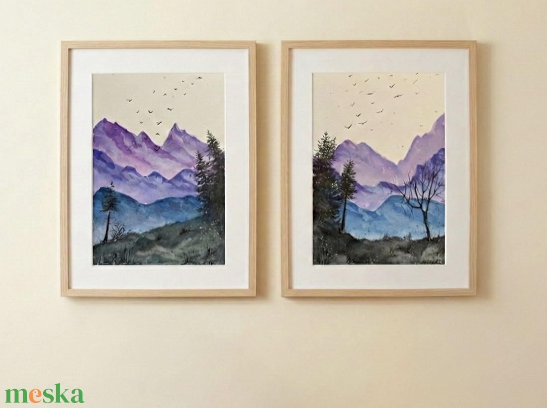 Eredeti akvarell - Lila-kék hegyek, tájkép fenyővel, madarakkal - művészet - festmény - akvarell - Meska.hu