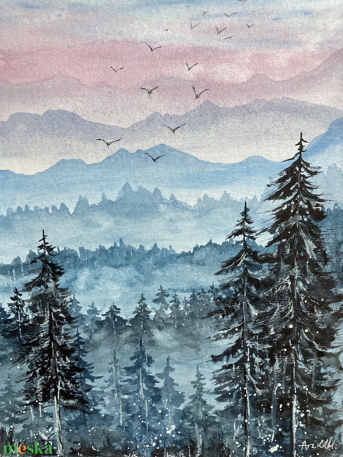 Eredeti akvarell hegyek (A4), fenyők, madarak - művészet - festmény - akvarell - Meska.hu