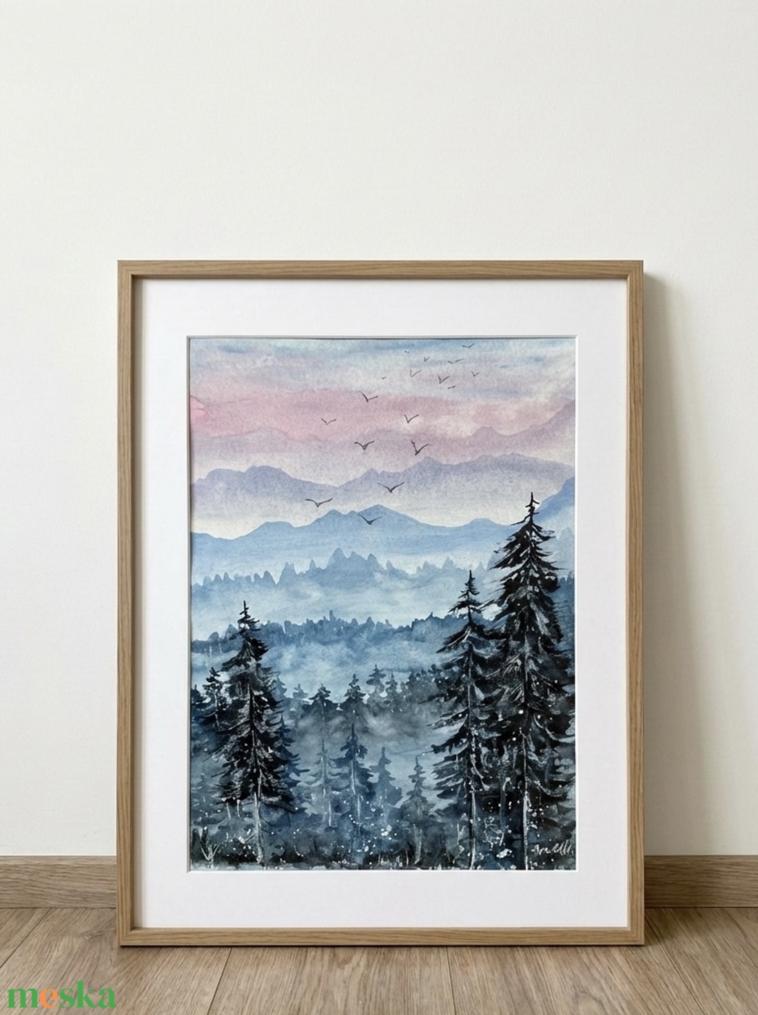 Eredeti akvarell hegyek (A4), fenyők, madarak - művészet - festmény - akvarell - Meska.hu