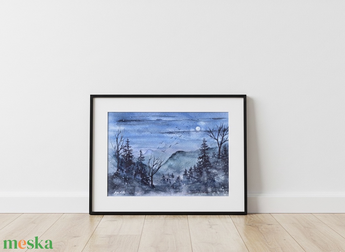 Eredeti akvarell - Telihold, éjszaka, fenyők, fák, madarak, misztikum - művészet - festmény - akvarell - Meska.hu