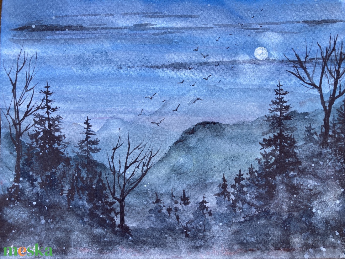 Eredeti akvarell - Telihold, éjszaka, fenyők, fák, madarak, misztikum - művészet - festmény - akvarell - Meska.hu