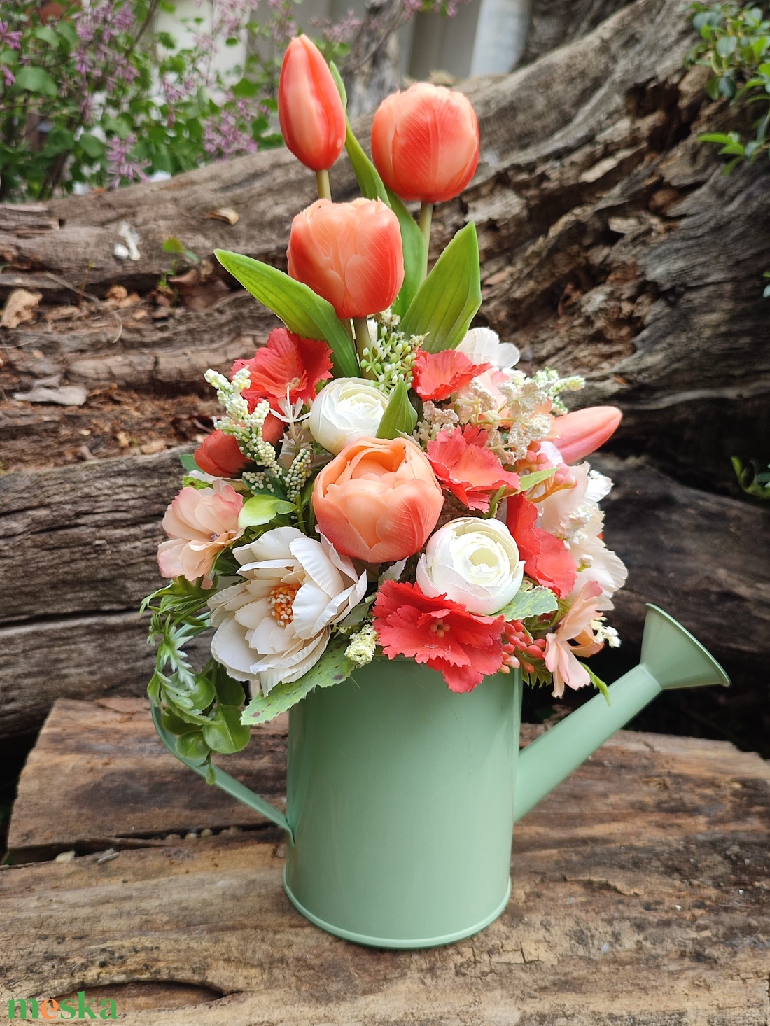 Tavaszi asztaldísz, tulipánok narancs- fehér - otthon & lakás - dekoráció - asztal és polc dekoráció - asztaldísz - Meska.hu