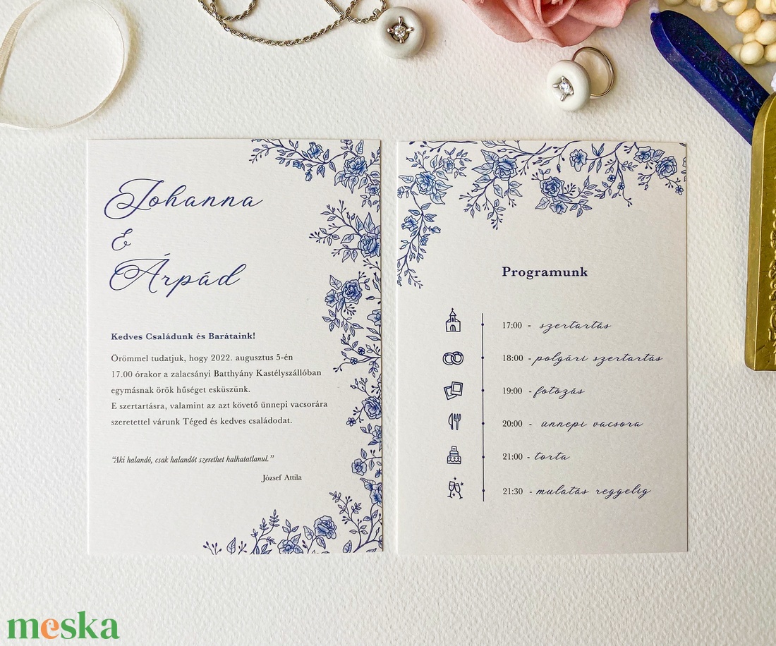 Kék rózsás meghívó - esküvő - meghívó & kártya - meghívó - Meska.hu