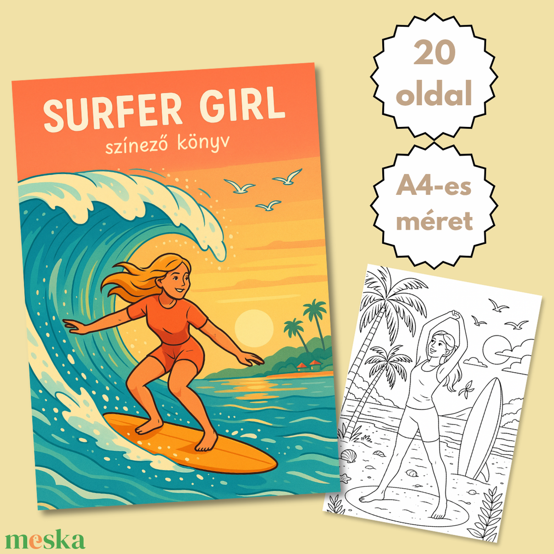 Nyomtatható színező  Surfer Girl (PDF, 20 oldal) - művészet - grafika & illusztráció - digitális - Meska.hu