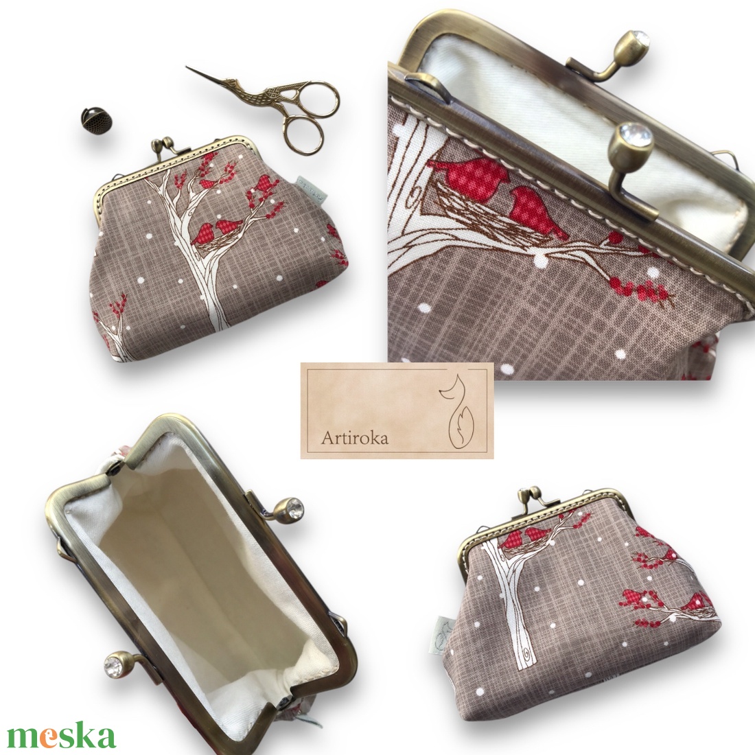 Bronz keretes pénztárca, fészekrakó madarak  mintával - táska & tok - pénztárca & más tok - kártyatartó & irattartó - Meska.hu