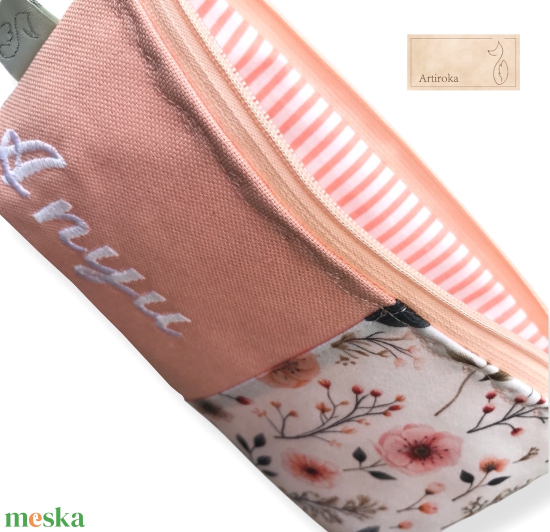 Barack színű, virágok mintás tolltartó neszesszer akár  NÉVHÍMZÉSSEL - Artiroka design - táska & tok - neszesszer - Meska.hu