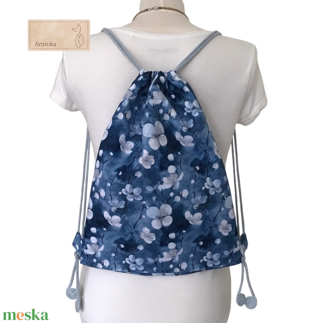 Cseresznyefavirág mintás, VÍZÁLLÓ gymbag hátizsák farmerkék színben - táska & tok - hátizsák - hátizsák - Meska.hu