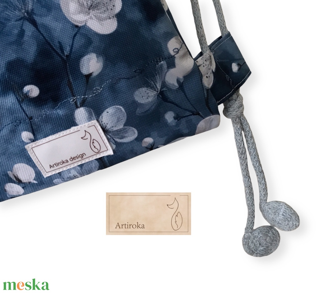 Cseresznyefavirág mintás, VÍZÁLLÓ gymbag hátizsák farmerkék színben - táska & tok - hátizsák - hátizsák - Meska.hu