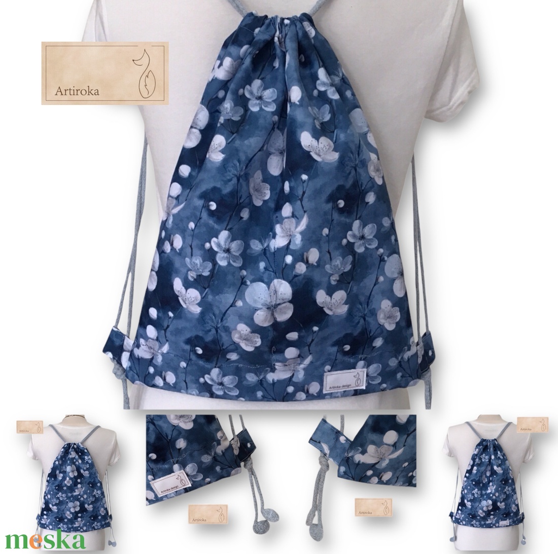 Cseresznyefavirág mintás, VÍZÁLLÓ gymbag hátizsák farmerkék színben - táska & tok - hátizsák - hátizsák - Meska.hu