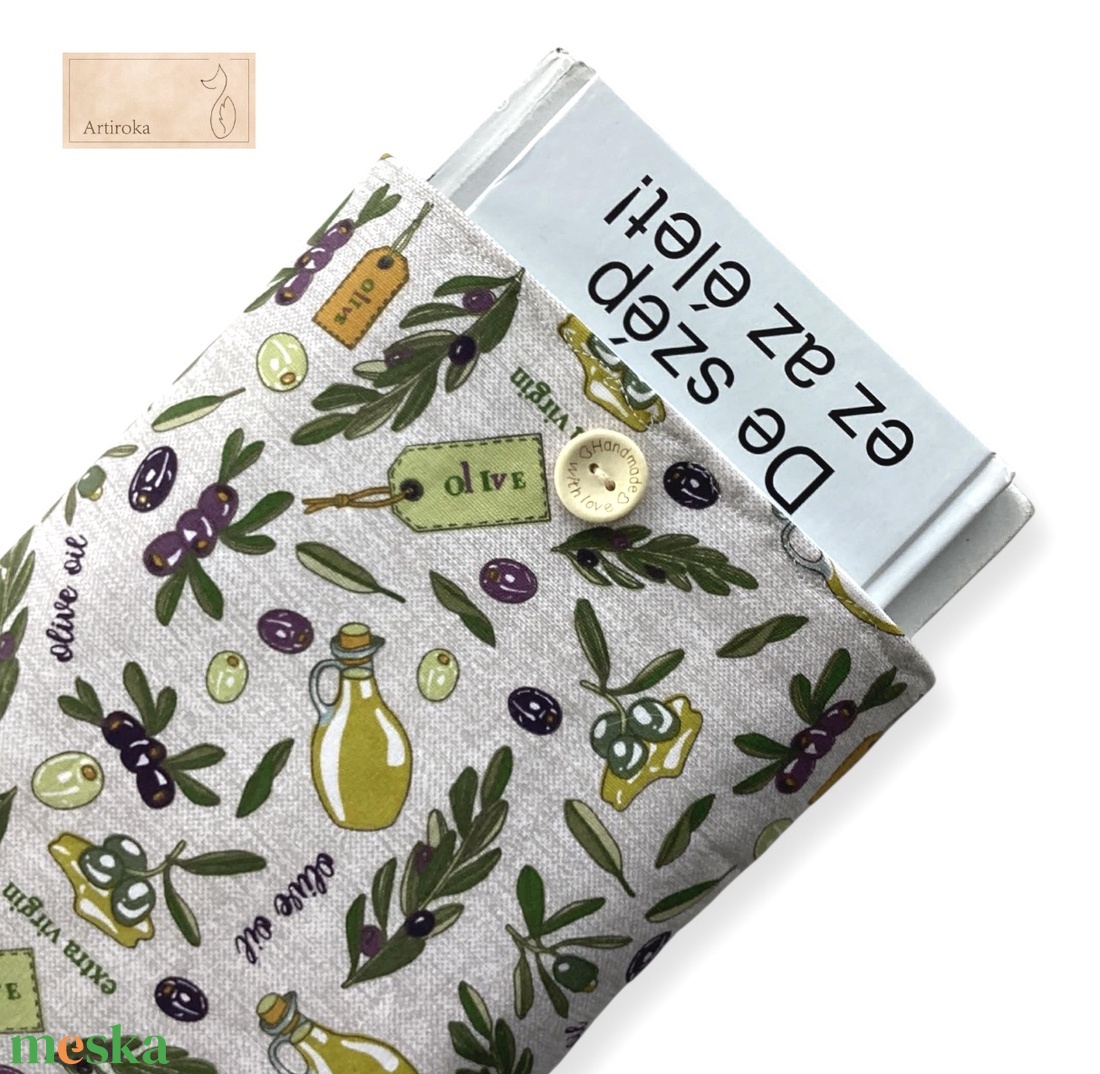 Bélelt könyvtok, ebook tok,  mediterrán olajbogyó és olíva olaj mintával - könyv & zene - könyvtok - Meska.hu