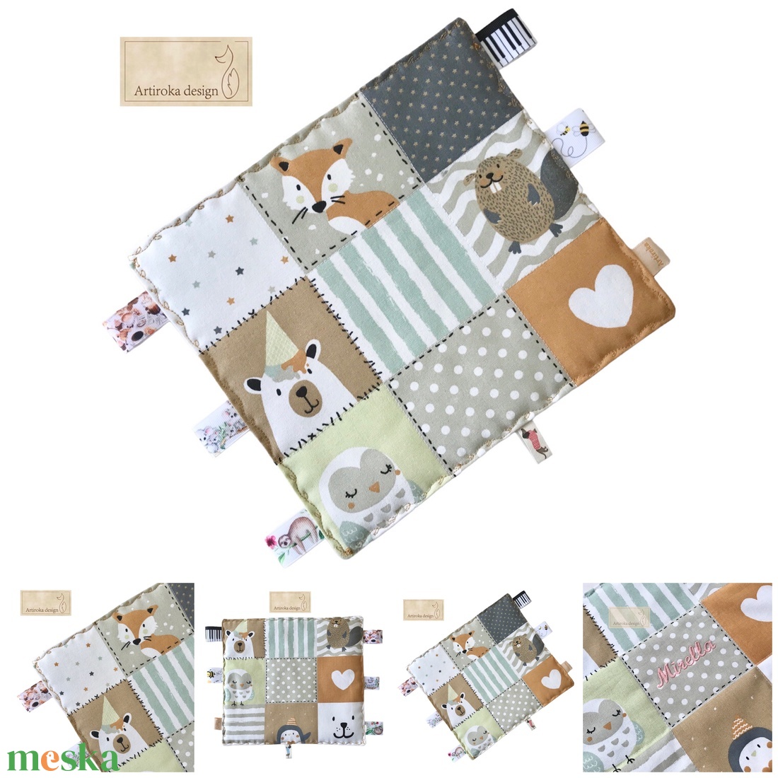 Róka, mackó, mosómedve, hód, és pingvin mintás  címkekendő, szundi-párna, készségfejlesztő babajáték - Artiroka design - baba - mama - baba játékok - szundikendő, alvóka - Meska.hu