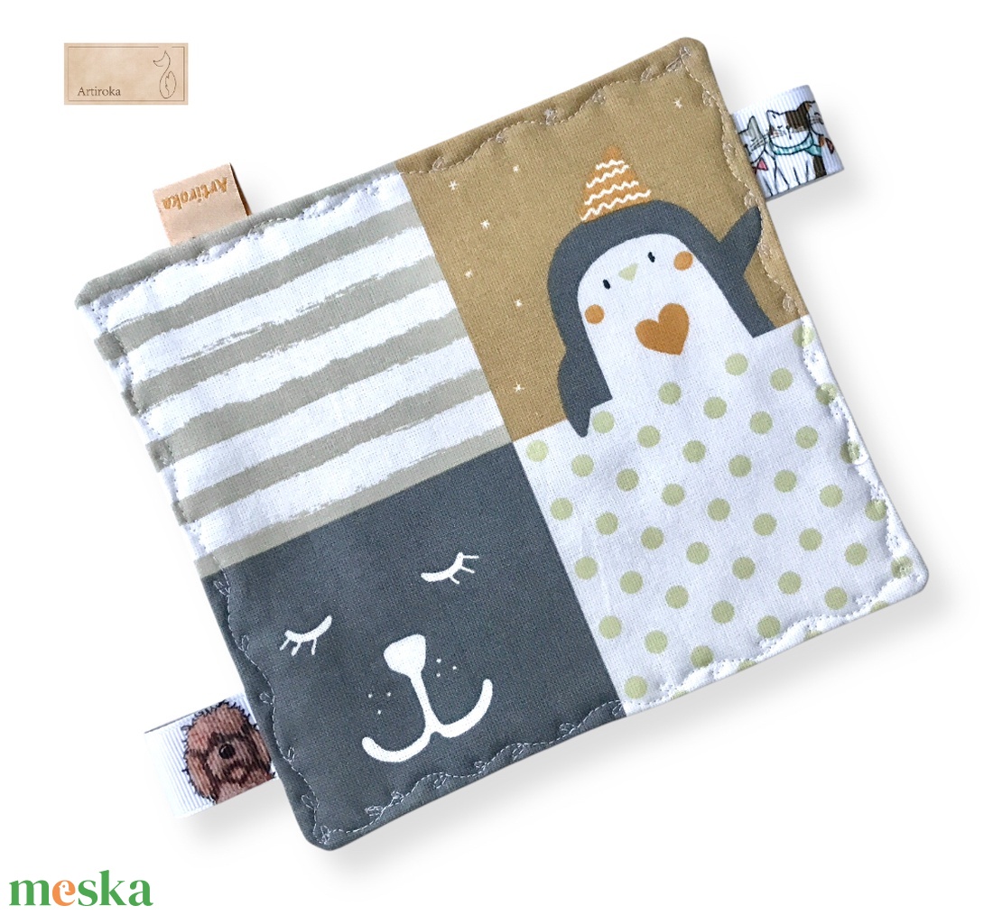 Róka, mackó, mosómedve, hód, és pingvin mintás  címkekendő, szundi-párna, készségfejlesztő babajáték - Artiroka design - baba - mama - baba játékok - szundikendő, alvóka - Meska.hu
