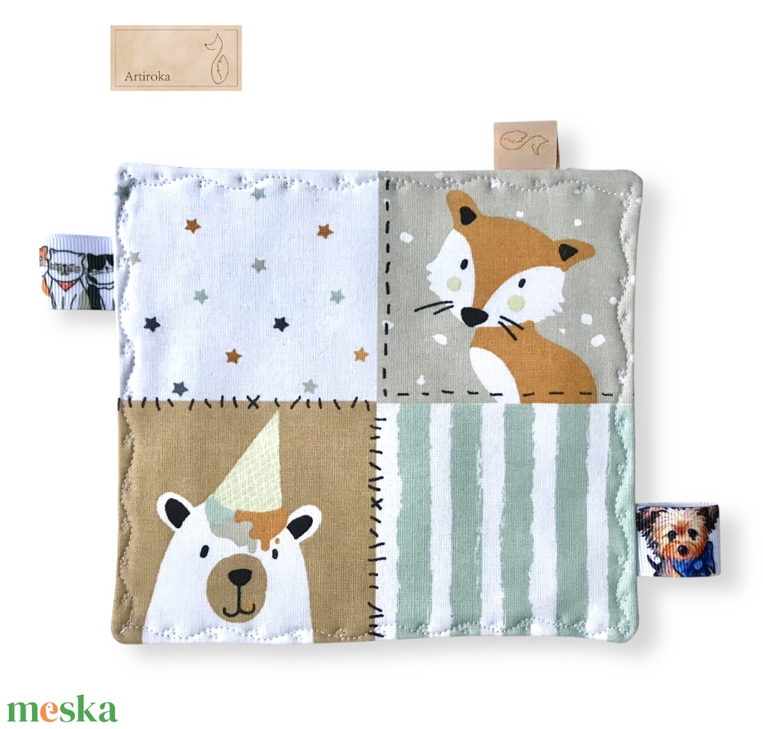 Róka, mackó, mosómedve, hód, és pingvin mintás  címkekendő, szundi-párna, készségfejlesztő babajáték - Artiroka design - baba - mama - baba játékok - szundikendő, alvóka - Meska.hu