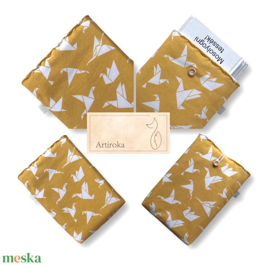  KÖNYVTOK origami madarak mintával, okker színben, gombos zárral - könyv & zene - könyvtok - Meska.hu