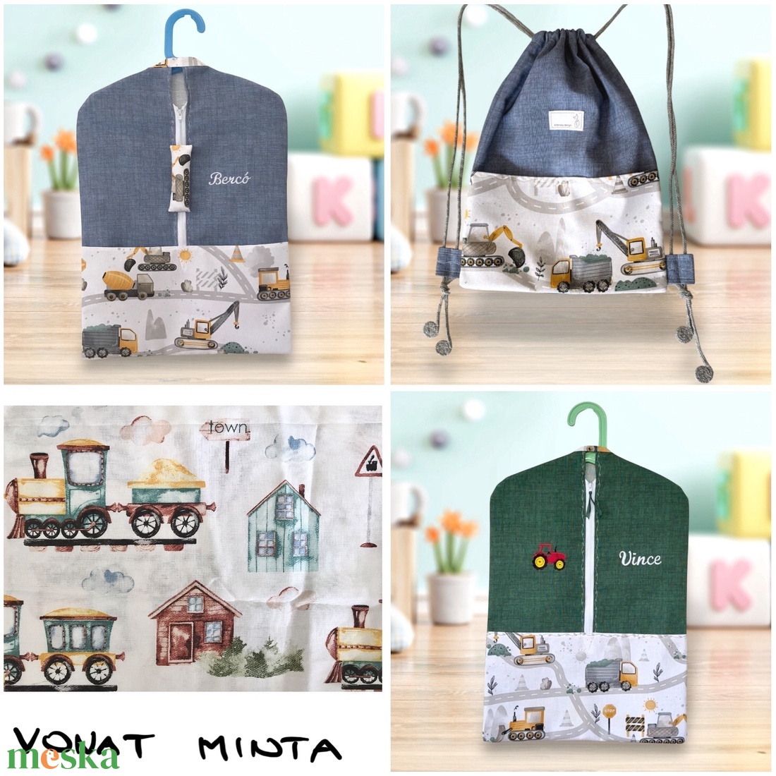 Munkagépek vagy vonatok mintás ovis  SZETT - Artiroka design - játék & sport - ovis felszerelés - ovis szett - Meska.hu