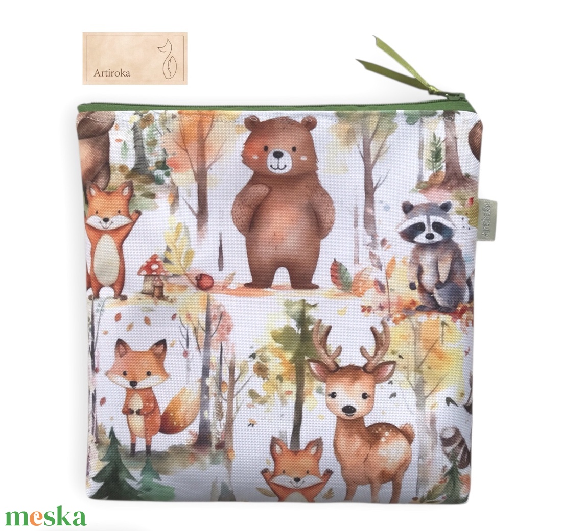 Erdei randevú - Róka, mosómedve, mackó és őz mintás vízálló neszesszer, uzsonna tasak - zipper bag - Artiroka - táska & tok - uzsonna- & ebéd tartó - ebéd tasak, doboz - Meska.hu