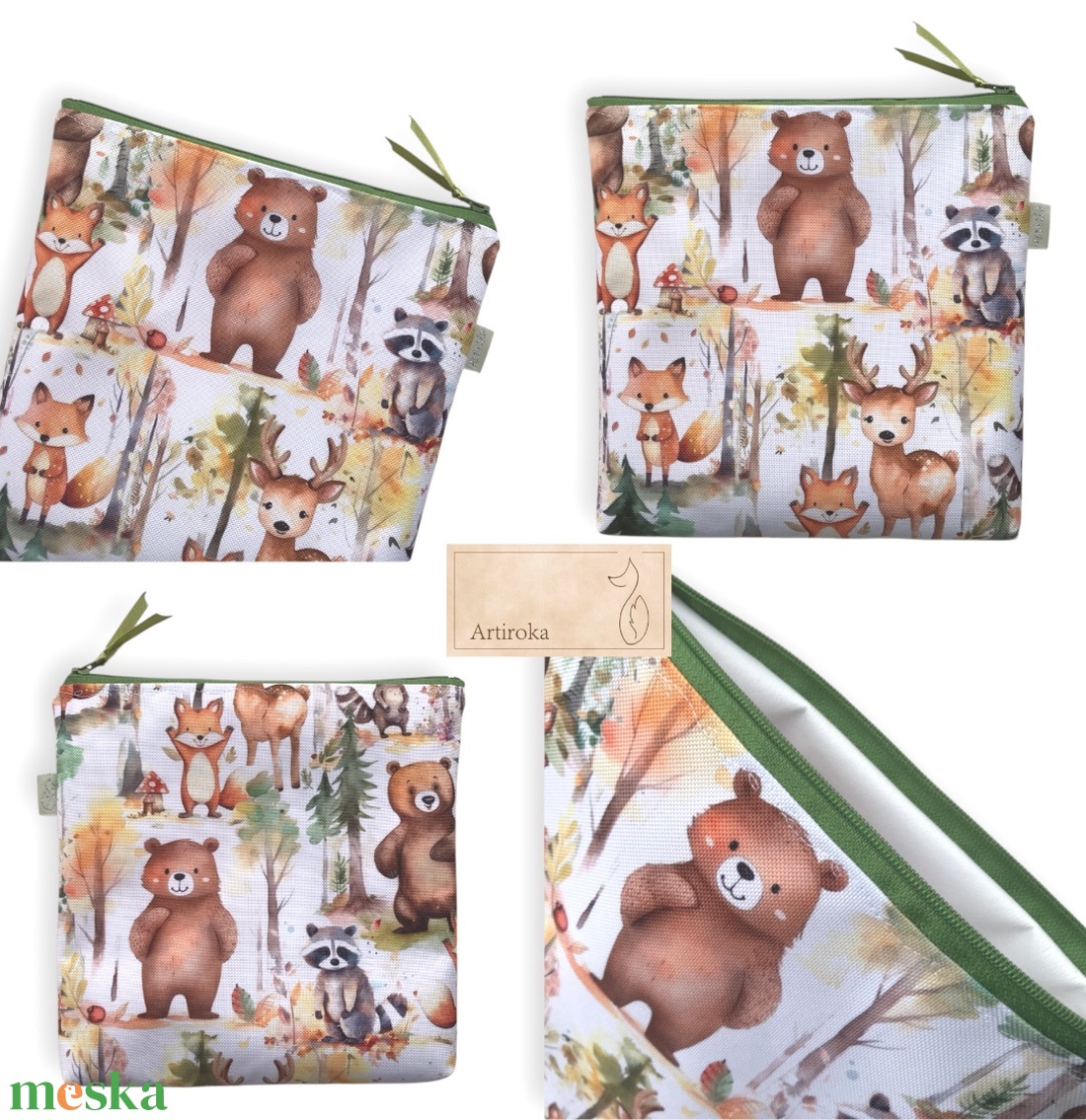 Erdei randevú - Róka, mosómedve, mackó és őz mintás vízálló neszesszer, uzsonna tasak - zipper bag - Artiroka - táska & tok - uzsonna- & ebéd tartó - ebéd tasak, doboz - Meska.hu