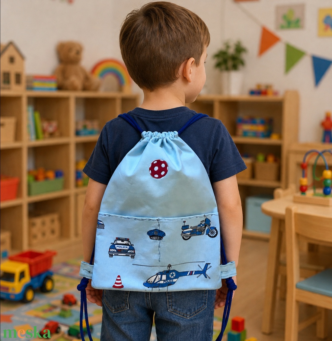 Rendőrautó mintás hátizsák, ovis zsák, gymbag tornazsák két zsebbel, pöttyös labda jellel - Artiroka design - játék & sport - ovis felszerelés - ovis hátizsák - Meska.hu