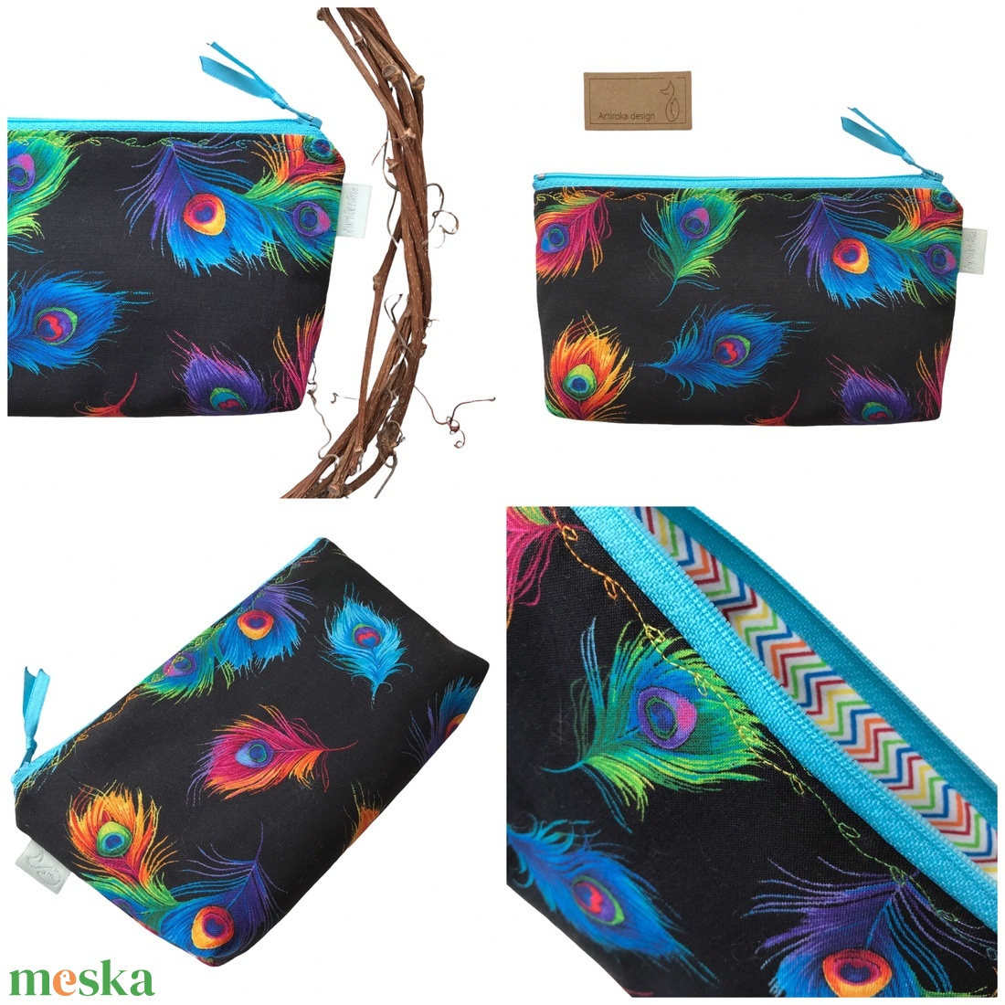 Fekete alapon színes pávatoll mintás szemüvegtok vagy tolltartó neszesszer - Artiroka design - táska & tok - neszesszer - Meska.hu